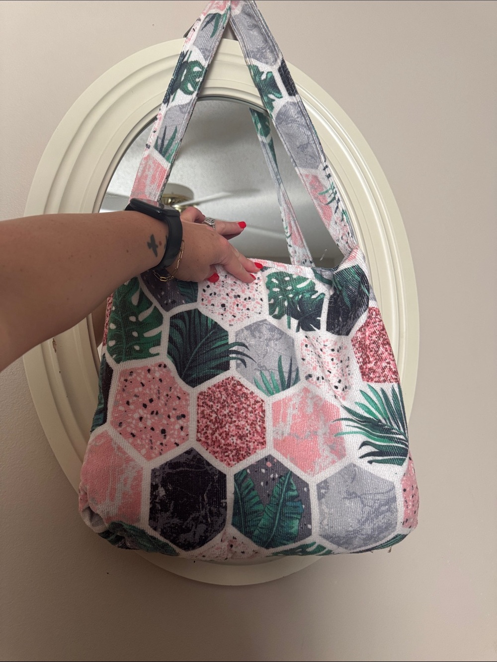 Canvas Hexagon Print Tote Bag fold out towel combo - Pink & Green